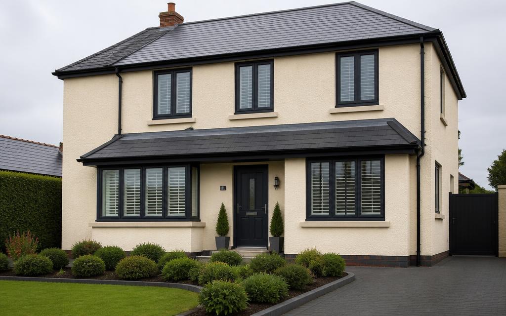 A UK home with a bright spray cork finish in a warm sunlit-clay tone, freshly coated and well-presented