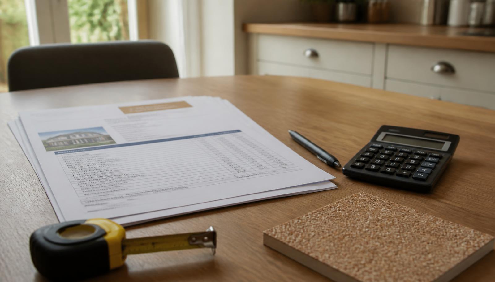 A written spray cork quotation, calculator, tape measure and cork sample tile on a kitchen table