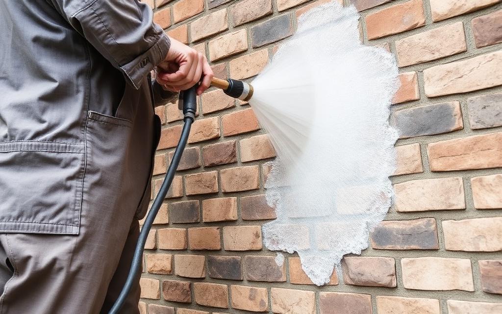 Washing down a brick wall before a coating is applied