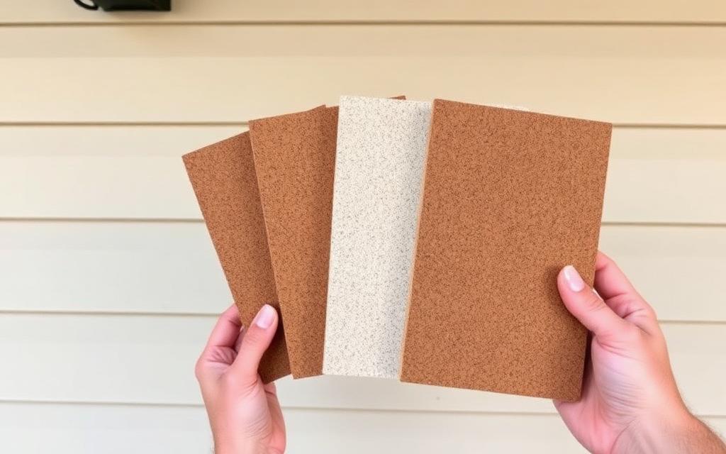 Sprayed cork sample boards held against a wall