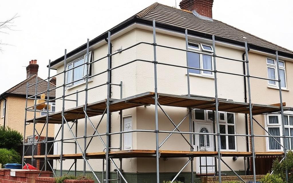 Scaffolding erected around a UK semi-detached house before coating