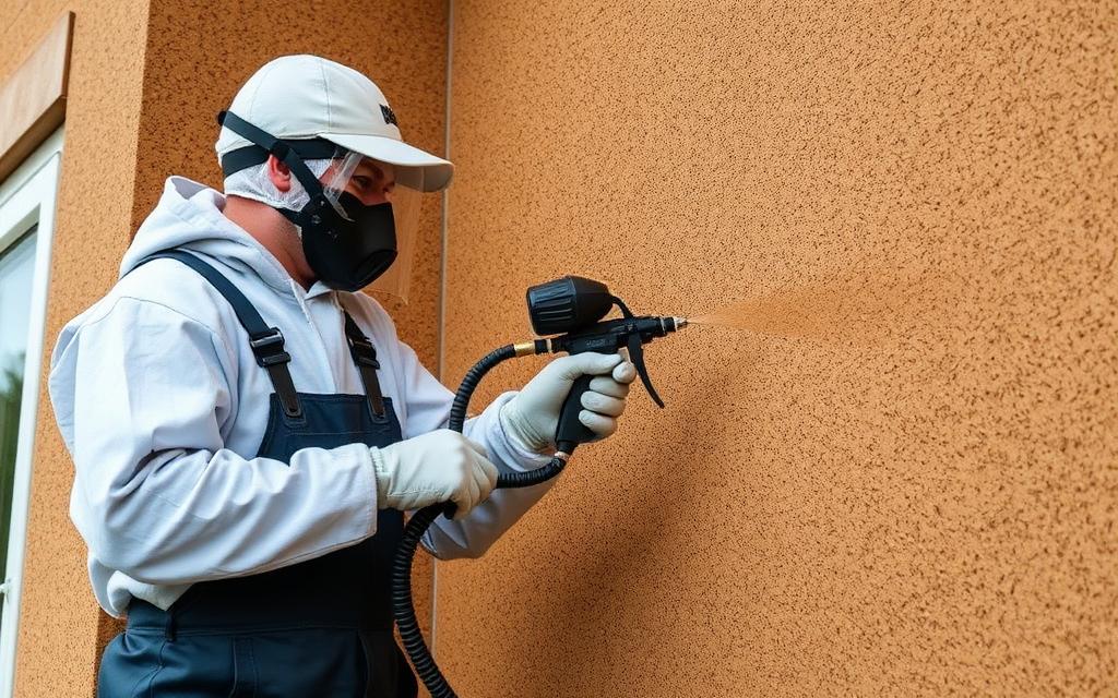 An installer spraying cork coating onto a house wall