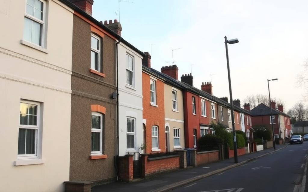 A row of UK terraced houses with different exterior wall finishes