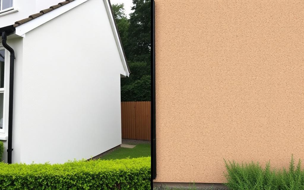 A smooth rendered wall beside a textured coated wall